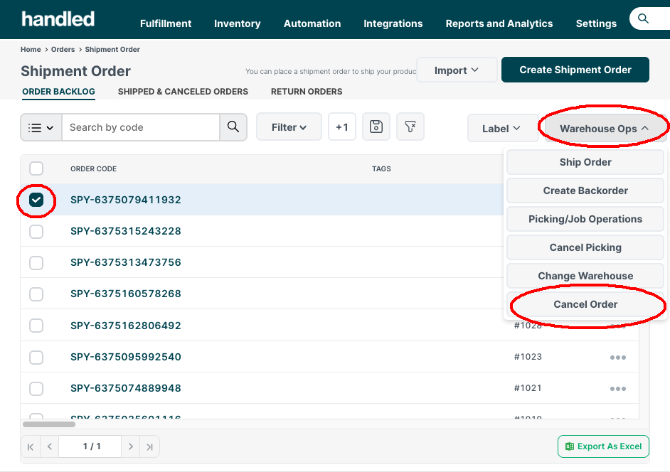 Handled Shipment Order list with an order selected and Cancel Order highlighted in the Warehouse Ops menu