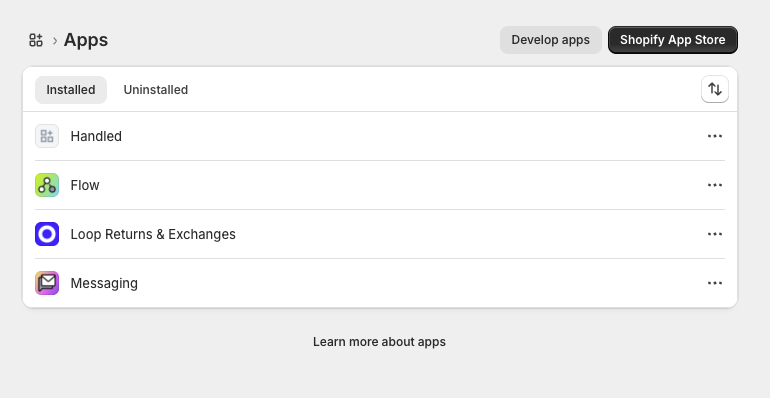 Shopify admin Apps page showing the list of installed apps, including Handled