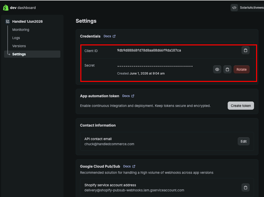 Shopify dev dashboard Settings page with the app Client ID and Secret highlighted