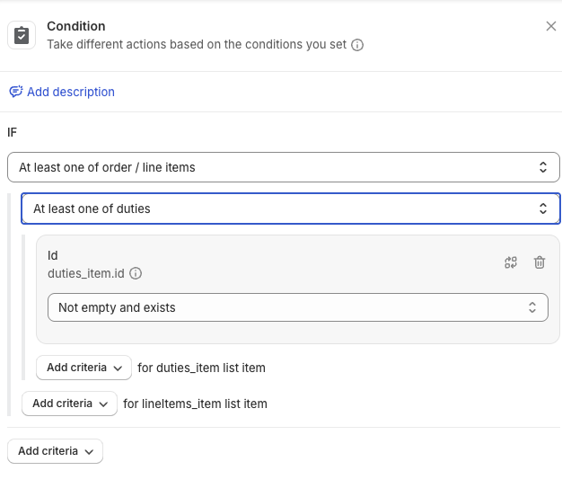 Shopify Flow condition checking that at least one order line item includes duties