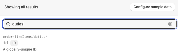 Shopify Flow variable search showing the order line item duties id field