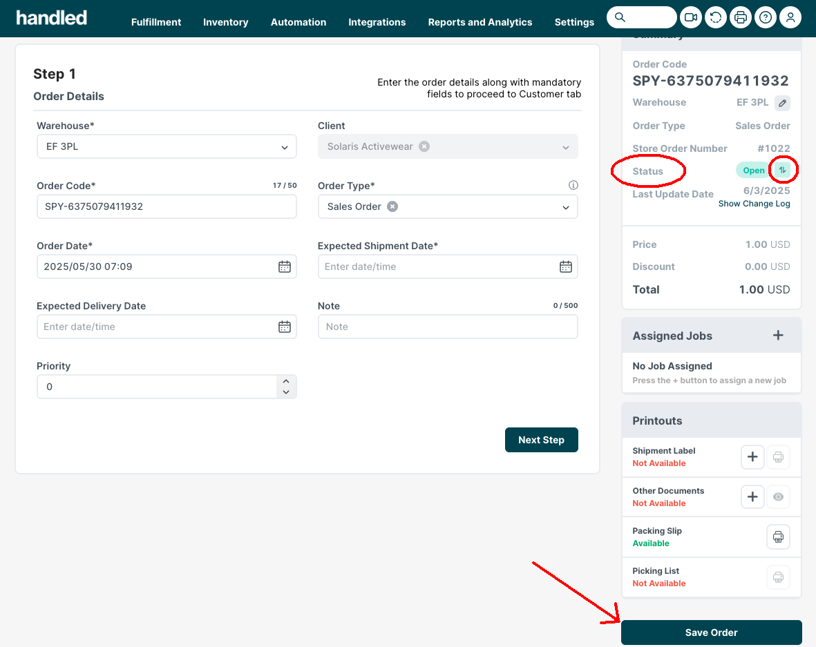 Handled order summary with the Status field and status toggle button circled